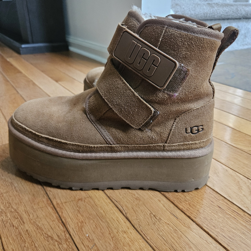 UGG Brown Suede Platform Ankle Boot with Hook-and-Loop Straps